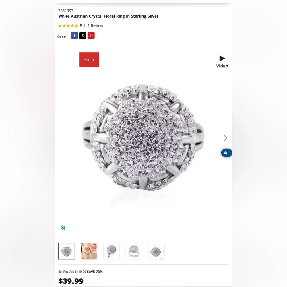 White Austrian Crystal Floral Ring in Sterling Silver